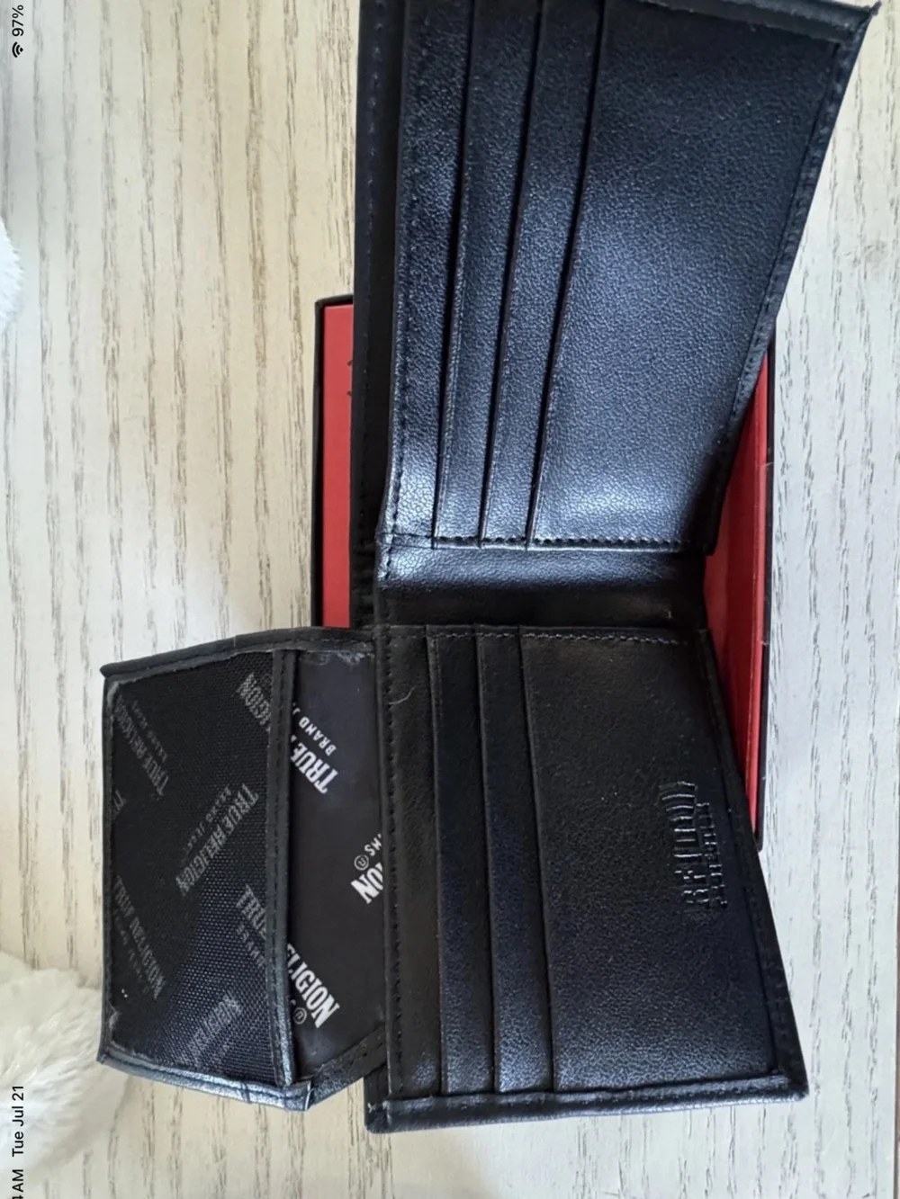 True Religion Black Leather Card Holder with Gold Horseshoe Accent